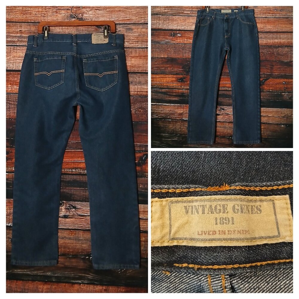 Vintage Genes Jeans Mens 36X30 Slim Straight Dark Blue Denim Distressed